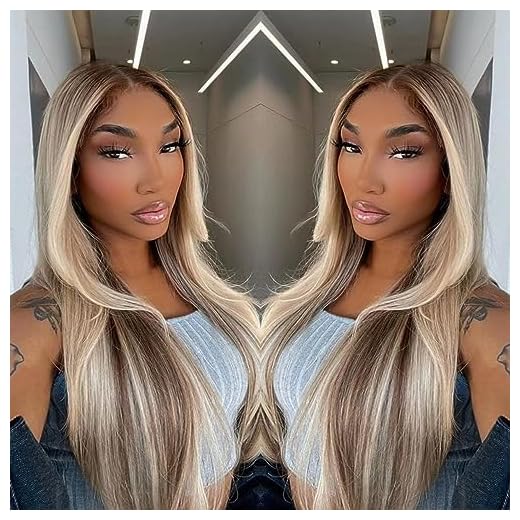 Mscathy 13X4 Lace Front Human Hair 24 Inch Balayage Light Brown Highlight Straight with 613 Blonde Pre Plucked with Bleached Konts 180% Density Brazilian Virgin Human Hair