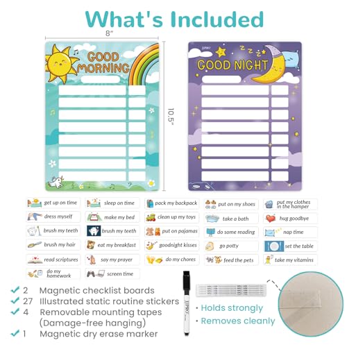 Image of Magnetic Bedtime /Morning Routine Chart for Kids -Toddler Daily Schedule Chart at Home,Morning Checklist,Dry Erase Bedtime Checklist to Do List,Daily Routine Chore Chart for Kids