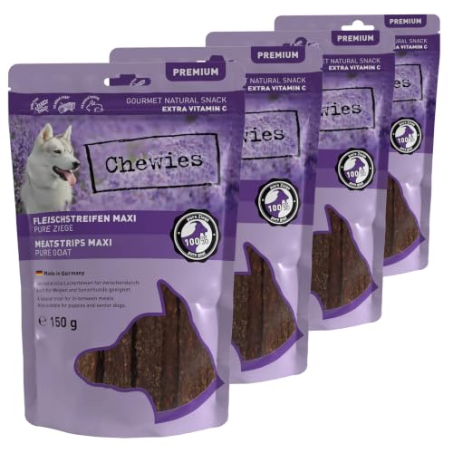 Chewies Fleischstreifen Maxi Hundeleckerli aus 100% Ziegenfleisch - 4 x 150 g - luftgetrocknete Ziegen Kaustreifen für Hunde - zuckerfrei & getreidefrei - Dörrfleisch von der Ziege