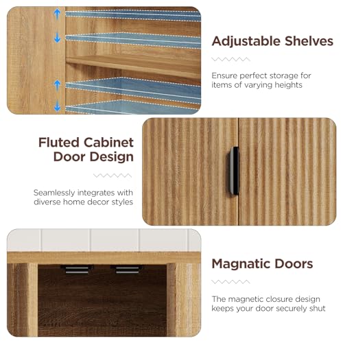 Image of FiveWillowise Fluted Bathroom Wall Storage Cabinet with Open Shelf, Floating Wall Mounted Medicine Cabinet with Adjustable Shelves, Over The Toilet for Bathroom, Laundry Room, Kitchen, Natural Oak