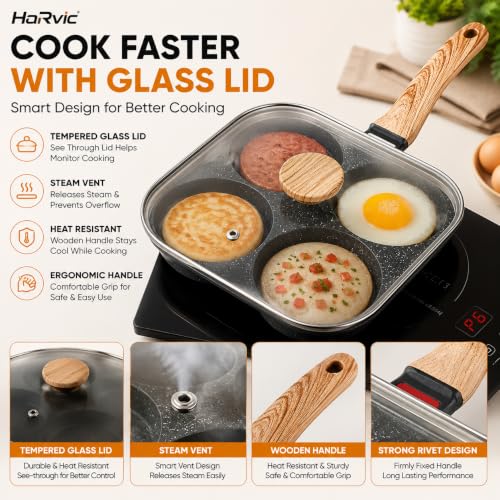 Image of 4 Cup Egg Frying Pan with Glass Lid &Wooden Handle, Non Stick Multi Section Fry Pan,4 Hole Omelette Pan, Breakfast Cooking Pan for Eggs, Pancakes, Burgers, Mini Dosa, Induction &Gas Compatible
