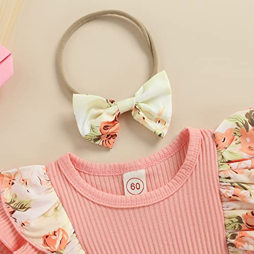 Dbzoo Infant Baby Girl Rompers Dress Ruffle Floral Jumpsuits Summer Overalls Shorts Ribbed Clothes Headband (Pink-1,3-6 Months) #TOP3