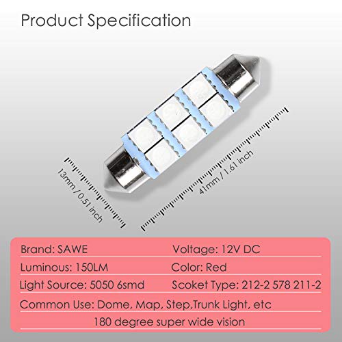 Sawe - 1.72" 42Mm 41Mm 6-Smd 5050 Festoon Led Bulbs For Dome Map Light 211-2 578 (4 Pieces) (Red) #TOP1