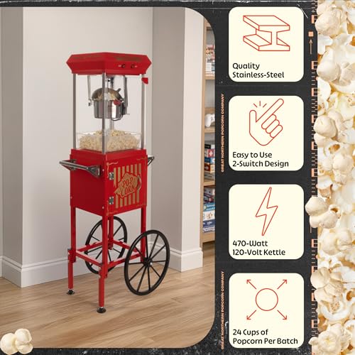Image of Popcorn Machine with Cart and 6 oz Stainless Steel Kettle - Vintage Style Retro Popcorn Maker Machine on Wheels with Cabinet for Home Movie Room, Parties, and Events by Great Northern Popcorn (Red)