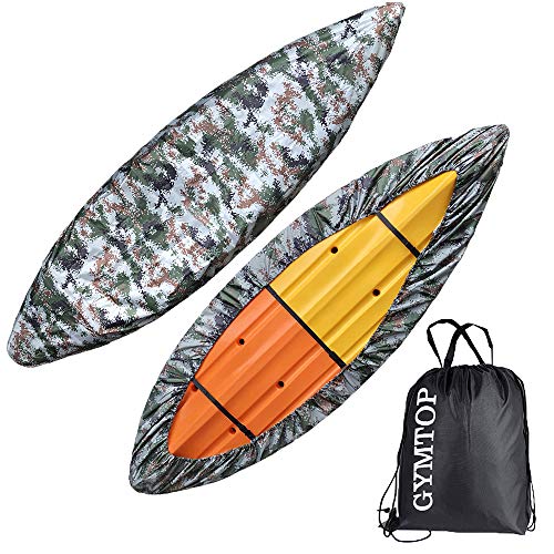 GYMTOP 7.8-18ft Waterproof Kayak Canoe Cover Camouflage -Outdoor Storage Dust Cover UV Protection Sunblock Shield for Fishing Boat/Kayak/Canoe (Forest Digital(Upgraded), Suitable for 10.8-12ft Kayak)