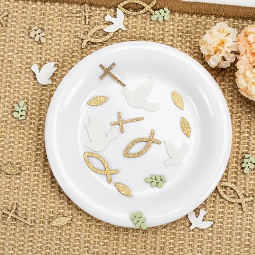 Streudeko Kommunion, 140 Stück Streudeko Taufe Deko für Junge & Mädchen, Holz Kreuz Taube Fisch Tischdeko zur Taufe Firmung Kommunion
