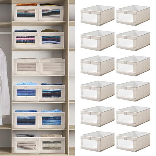 Image of Gatnetly 12 Pack Linen Organizers and Storage, Closet Storage Bins Linen Closet Baskets for Organization Foldable Organizer Bins with Clear Window for Organizing Clothing, Beige