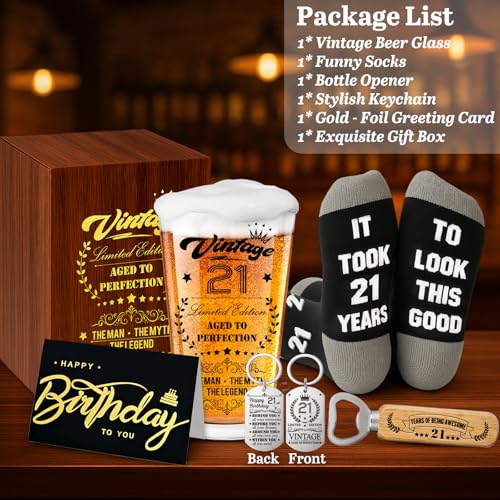 Joybble 21st Birthday Gifts for Boys, Birthday Decorations Vintage 21st Beer Glass Set for Boys, 16oz Personalised Gift Beer Glasses Gift Ideas, Funny Socks & Keychain & Bottle Opener for Him