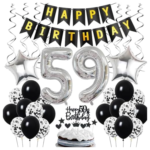 Decoración de 59 cumpleaños, Deco de cumpleaños 59 años hombres, Deco de 59 cumpleaños hombre, Deco de 59 globos negro y plata, Deco de fiesta de 59 cumpleaños con globos, Deco de 59 cumpleaños