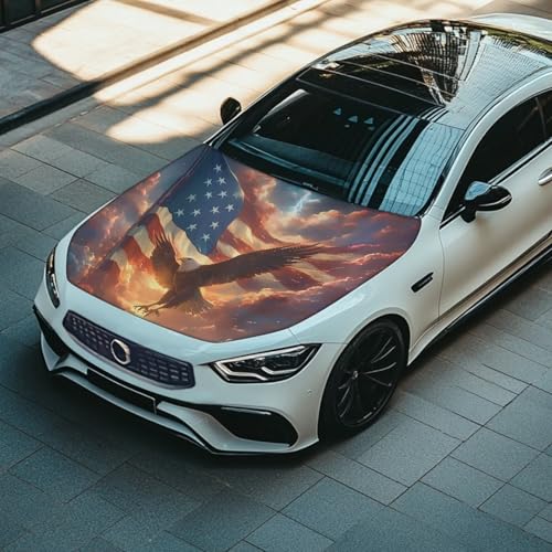 Image of Eagle American Flag Hood Cover for Cars SUVs Sedans Trucks, Waterproof Stretchable Auto Hood Wrap Blankets, Removable Auto Exterior Accessories (59x39 inches)