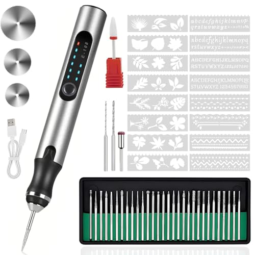 Engraving Pen with 37 Bits, USB Rechargeable Cordless Etching Engraving Tool, Portable DIY Rotary Engraver for Jewelry Wood Glass Stone Carving (Silver)
