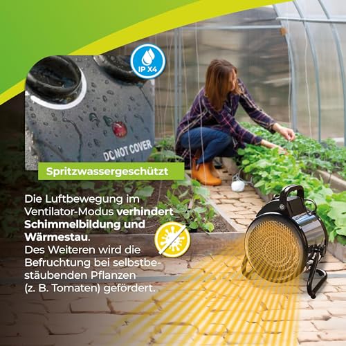 BioGreen Elektro-Gewächshausheizung Palma mit manuellem Thermostat | IPX4 spritzwassergeschützt, energiesparend | 163 m³/h Luftumwälzung | 2000 Watt