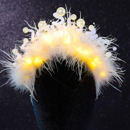 Evlry LED-Federkrone und Diademe, leuchtendes Perlenstirnband, leuchtende Brautkronen, Hochzeitshaarschmuck für Frauen
