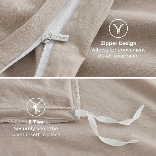 Bedsure 100% Washed Cotton Duvet Cover Cal King - Frosted Almond Minimalist Cotton Duvet Cover Linen Like - GentleSoft™ Plain Simple Bedding (Frosted Almond, California King, 104"x98")