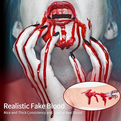 MEICOLY 0.5OZ Edible Fake Blood with 6 Packs Empty Capsules,Professional Washable Stage Blood,Realistic Dripping Sticky Fake Blood for Halloween, SFX,Special Effect Makeup for Zombie Vampire