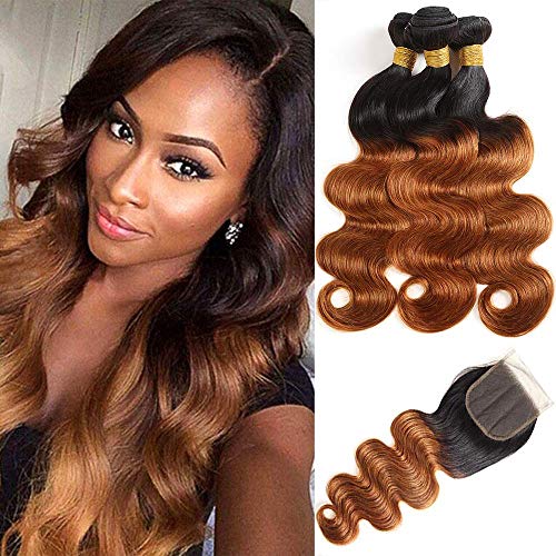 Feelgrace (Fast Delivery) Ombre Brown Body Wave Human Hair Bundles with Closure, 4X4 Free Part Lace Closure Natural and Invisible, 1B #30 Body Wave Weave Human Hair for Women (20 22 24 with 18)