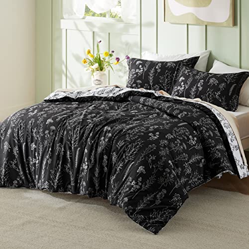 Image of Bedsure Queen Comforter Set - Black Bed Set, 3 Pieces Cute Floral Bedding, 1 Soft Reversible Botanical Flowers Comforter and 2 Pillow Shams