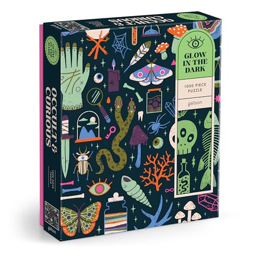 Galison Occult and Curious – 1000 Piece Glow in The Dark Jigsaw Puzzle Featuring an Eerie Collection of Creepy and Spooky Objects