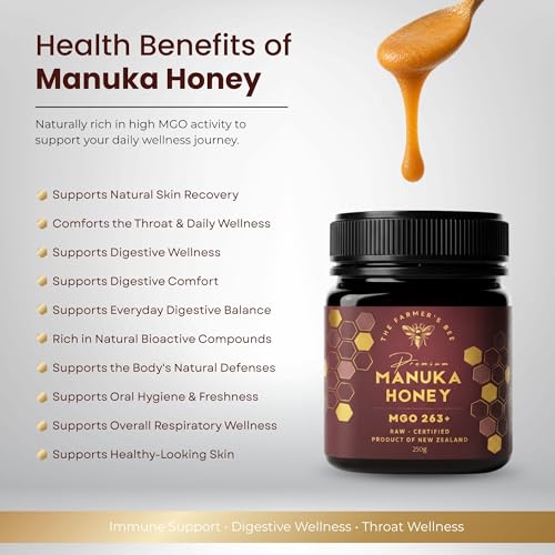 Image of THE FARMER'S BEE New Zealand Manuka Honey MGO 263+ (10+) | Monofloral Raw Honey | MGO Tested | Premium Imported Honey | Digestive Irritation Relief & Higher Antibacterial Strength | 250g