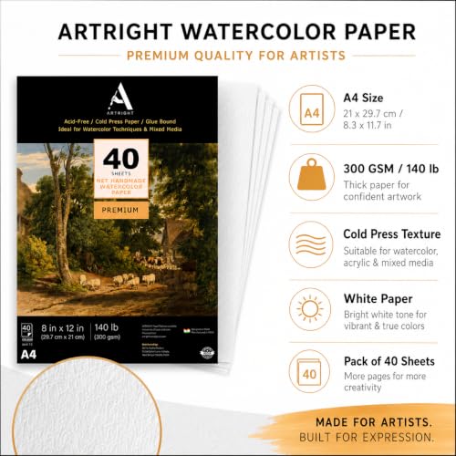 Image of ArtRight Artists' Acrylic Paper (A4 Pack of 40 Sheets, 300 GSM); 300 GSM Handmade Sheets for Gouache Media (Papers for Gouache Media)