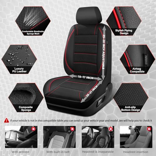 Image of CAR PASS Air Mesh Leather Car Seat Covers Front Seats, Breathable Two Front Seat Covers for Cars, Comfortable Universal Fit for SUV Truck Sedan Automotive, Anti-Slip Airbag Compatible,Black and Red