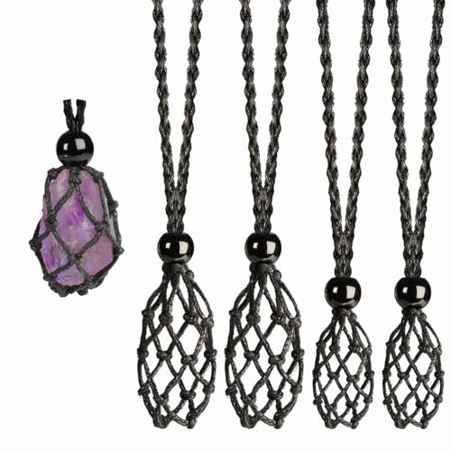 weryerker 4 PCS Crystal Cage Necklace Cord Empty Holder Replacement Hand-Woven Cord with Adjustable Length L and M Size (Black)