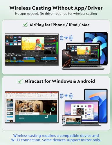 Image of ZSCMALLS 23.8 Inch Wireless Portable Monitor with Built‑in Battery, 1080P FHD IPS Display, AirPlay & Miracast Screen Casting, No App Needed, USB‑C DP Alt Mode & HDMI, VESA