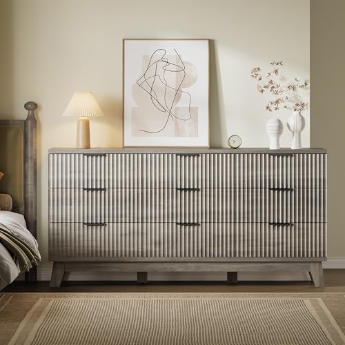Image of BORNOON 63 inch Long Dresser for Bedroom, 9-Drawer Fluted Dresser, Extra-Wide Wood Chest of Drawers with Smooth Metal Slides, Stable Base, Modern Clothes Storage Cabinet for Living Room, Hallway, Nursery