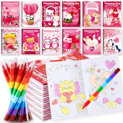 BenLouis 12 Valentine's Day Coloring Books with Stacking Crayons for Kids