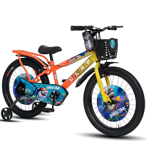 Image of Shark Tank 20 Inch Kids Bicycle with Training Wheels, Front Basket, Water Bottle, Rear Carrier & Full Chain Cover for Boys and Girls Ages 7-9 (Yellow /Orange)