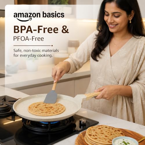 Image of Amazon Basics Ceramic Dosa Tawa 28cm | Nonstick Coating | BPA-Free & PFOA-Free | Induction & Gas Compatible | Even Heat Distribution | Soft-Touch Handle| Ivory