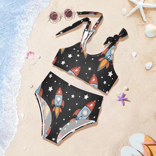 Girls' Bikini Set, Spaceship Cartoon Character Seamless Pattern Kids Swimsuit 2 Pcs Beach Bathing Suit4