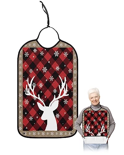 LEOKOTI Christmas Elk Adult Bibs for Eating, Waterproof Bibs with Food Catcher & Adjustable Snap Closure, Red Plaid Snowflake Brown Board Washable Clothing Protectors Adult Bibs for Elderly Women/Men
