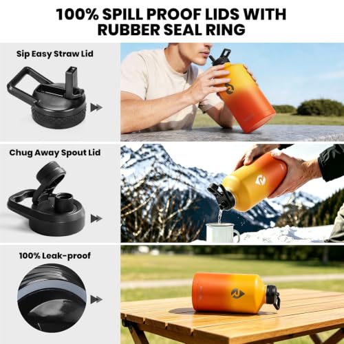 Image of One Gallon Water Bottle Insulated, Triple Walled Vacuum Stainless Steel (Cold for 48 Hrs), Leak Proof & Non-BPA, Large Water Flask Jug with Paracord Handle & Straw Spout Lids