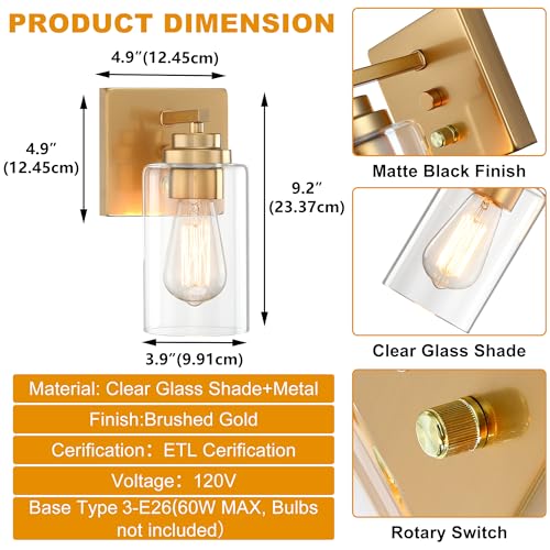 Image of Pia Ricco Wall Sconces Set of 2, Bedside Wall Lamps with Rotary Switch for Bedroom, Modern Bathroom Light Fixtures with Clear Glass Shade, Gold Sconces Wall Lights for Living Room, Hallway, Kitchen