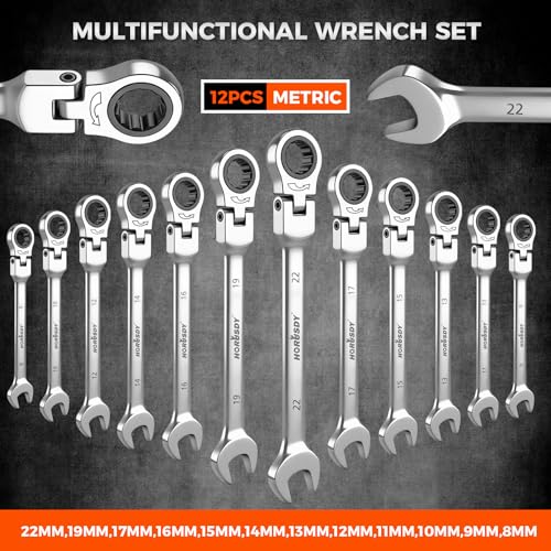 Image of HORUSDY 12-Piece Metric Flex-Head Ratcheting Wrench Set 8-22mm, CR-V Ratchet Combination Wrenches with 72T 180 Flex Head, Magnetic Holder & Tool Bag for Auto, Motorcycle, Home & Repair