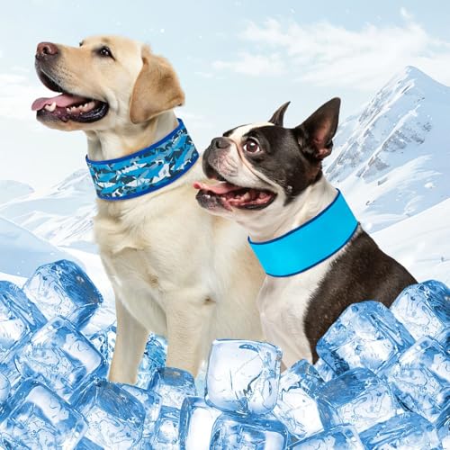 SCENEREAL 2 Pack Dog Cooling Bandana Neck Wraps Instant Chill Pet Bandanas for Summer Hot Weather Adjustable Reusable Ice Scarf Bib Gel Cooler for Small to Large Dogs Indoor Outdoor Blue & Shark L