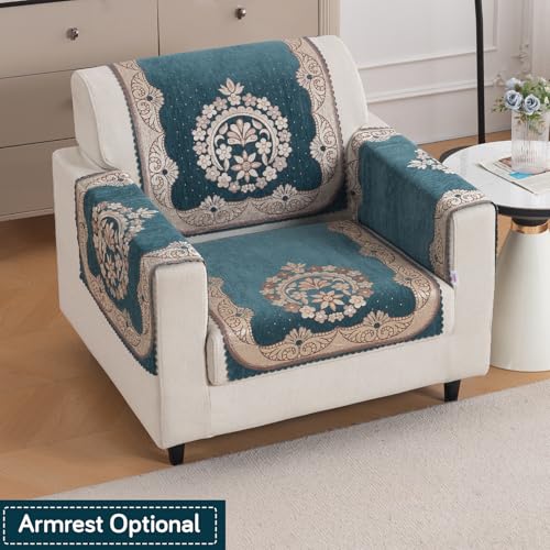 Image of HOKIPO Shahi Teal Premium Chenille Jacquard Sofa Cover for 1 Seater for Seat & Back, 'Royal Aangan Series' (IN-1006-L2*2)