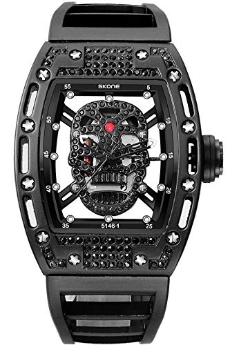 Skone Steampunk Skeleton Pirate Watch Men Skull Hollow Diamond Designer Cool Unique Fashion Style Quartz Wristwatch Silicone Leather Sports