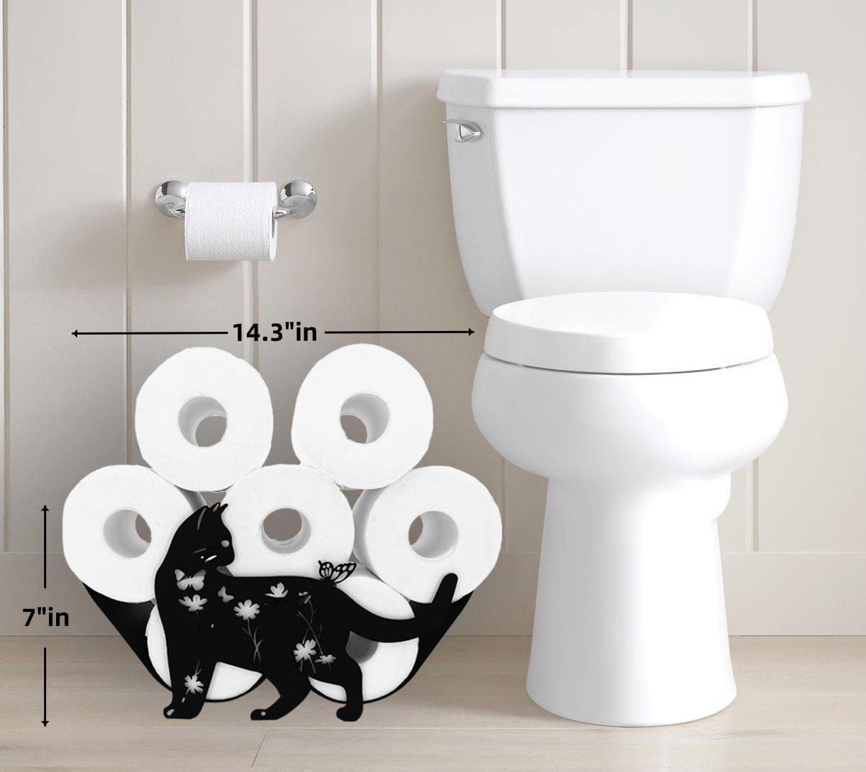 Toilettenpapierhalter, schwarzer Katzen-Toilettenpapierhalter, dekorativer Metallpapierhalter, freistehender Metall-Toilettenpapier-Organizer, hält zusätzliche 8 Rollen