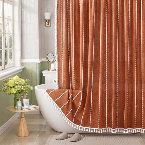 Bathway Farmhouse Shower Curtain Boho with Tassels Linen Blend Heavy Duty Shower Curtain Set with 12 Metal Hooks Vintage Rustic Fabric Curtain for Children Bathroom Window 72x72 Inches Fire Orange