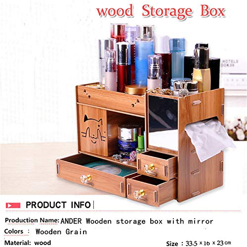ANDER Makeup Organizer Wooden Dresser Organizer, Lipstick Organizers and Storage with Mirror, Makeup Storage Drawers Built-in Mirror Ring Earring Necklace Organizer Storage Case(Wooden Grain)