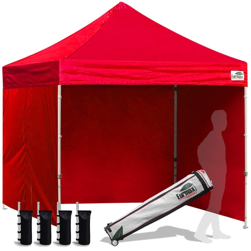 Eurmax USA 8x8 Pop Up Canopy Tent,Commercial Tent with Patented No-Tip Rolling Bag,4 Zippered Removable Walls,UV &amp; Water Resistant Canopy Top,Heavy Duty Outdoor Gazebo,Instant Shelter(Logo Red)