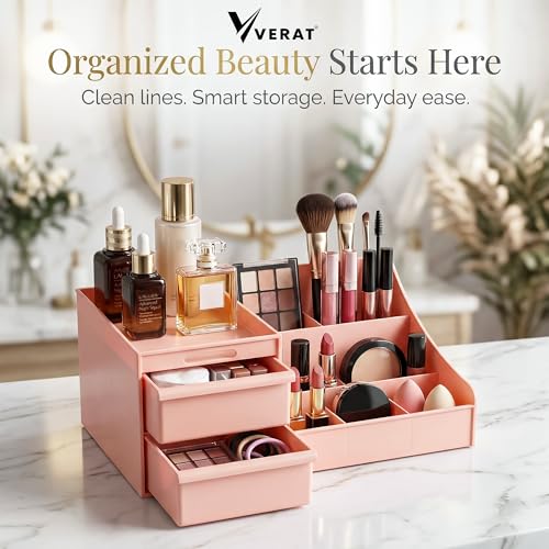 Image of VERAT Makeup Organizer Makeup Box Cosmetic Organizer Shelf Skincare Organizer Organisers for Cosmetics Vanity Organiser Cosmetic Storage Organizer Makeup Stand Storage Box and Organiser (Pink)