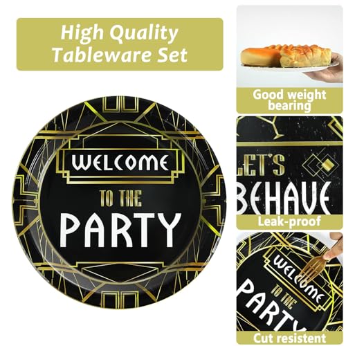 Image of 100 Pcs Roaring 1920s Party Decorations, Speakeasy Misbehave Black Gold Birthday Party Decors Art Decor Retro Murder Mystery Party Supplies for 1920s Vintage Flapper Wedding Supplies Serve 25