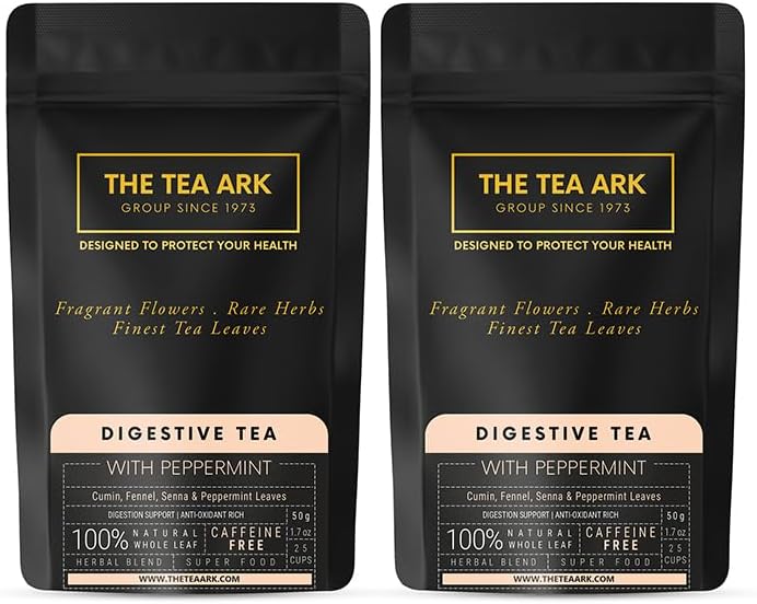 The Tea Ark Digestive Tea (50g) Pouch Pack | Herbal Tea with Cumin, Fennel, Senna & Peppermint | Caffeine Free Whole Leaf Blend (25 Servings) Pack of 2