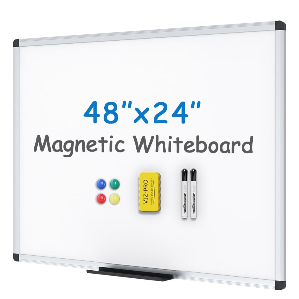 VIZ-PRO Magnetic Whiteboard/Dry Erase Board, 48 X 24 Inches, Includes 1 Eraser & 2 Markers & 4 Magnets
