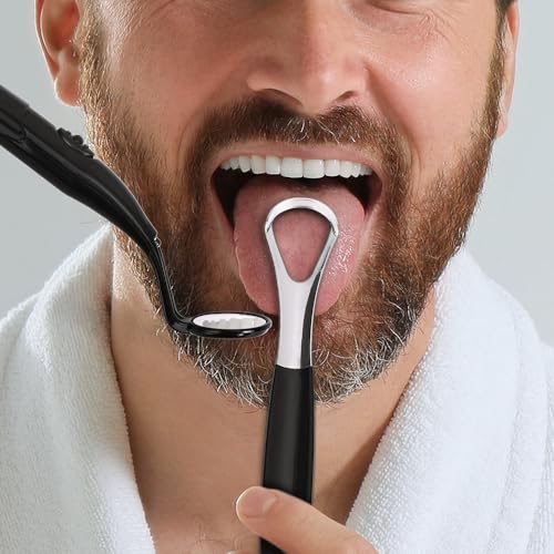 Image of Oral Care Dental Cleaning Kit, Dental Mirror with Light, Explorer Pick, and Tongue Scraper Quality Stainless Steel Dental Tools, Easy-Grip Handle (red mirror)