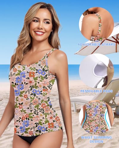 WOWENY Tankini Tops for Women Sleeveless No Bottom Bathing Suits Tummy Control Square Neck Modest Swimsuit Top Only3