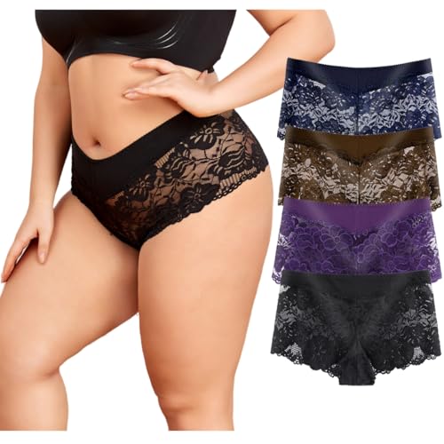 Timothee Women's Underwear Regular & Plus Size Panties Lace Boyshorts Hipster Panty Soft Cheeky Panties - Pack 3/4